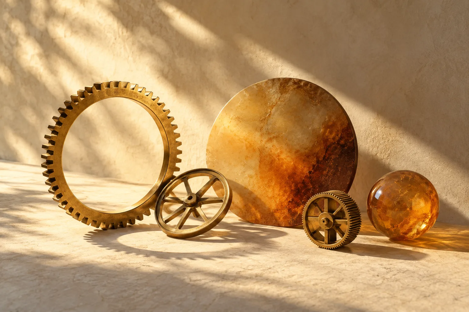 Invented amber and brass clockwork objects sit in changing bands of warm light across textured cream paper.