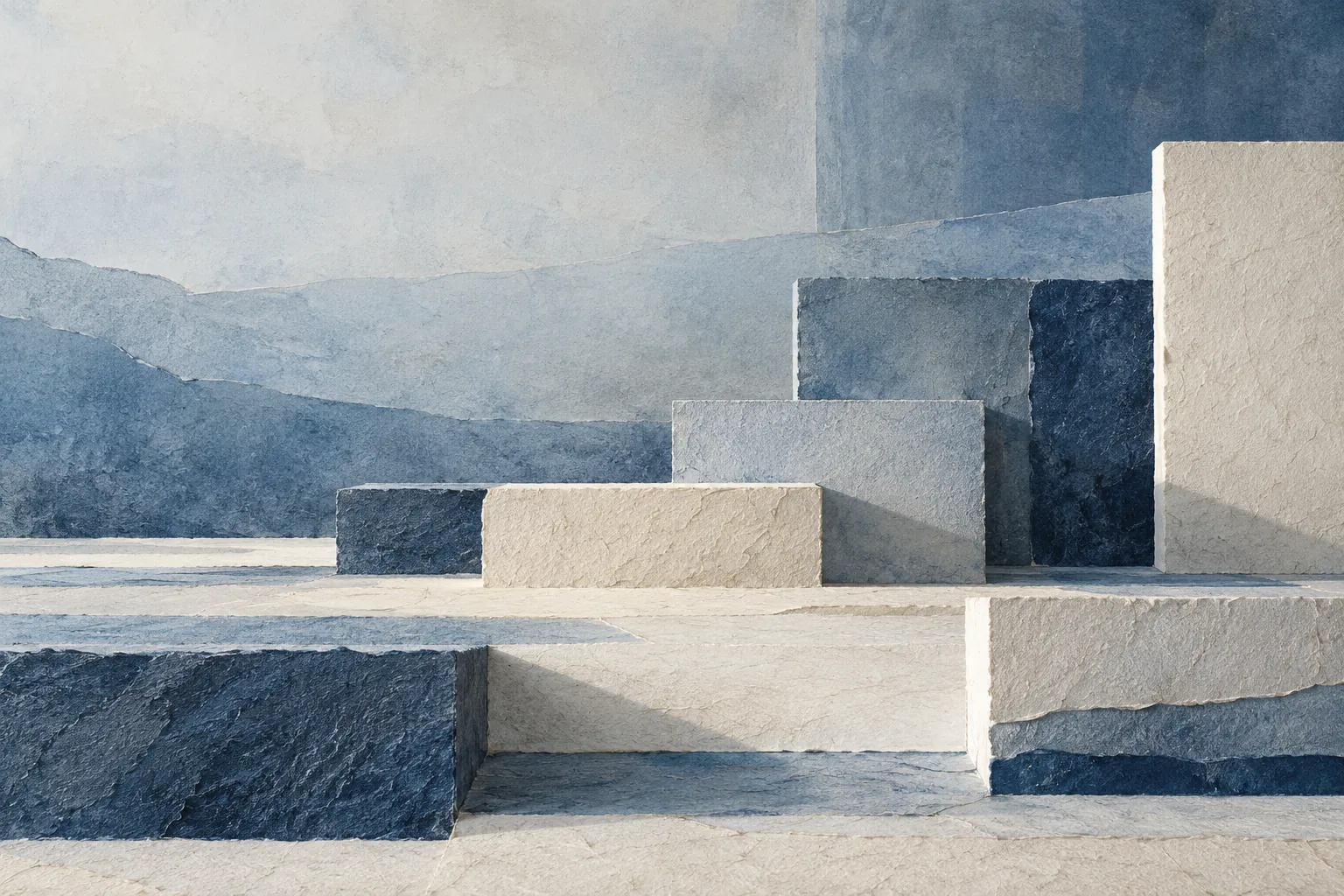 Blue and ivory foundation blocks overlap in a quiet arrangement of textured planes and soft shadows.