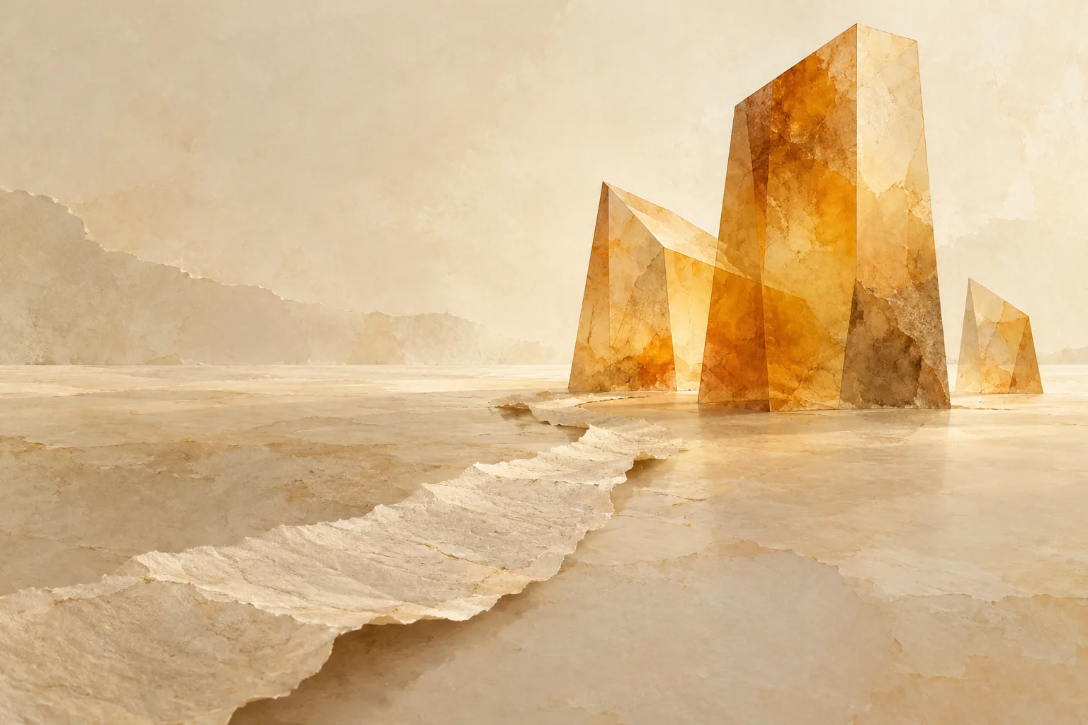 Translucent amber prisms rise beside an unfinished strip of pale, torn paper.