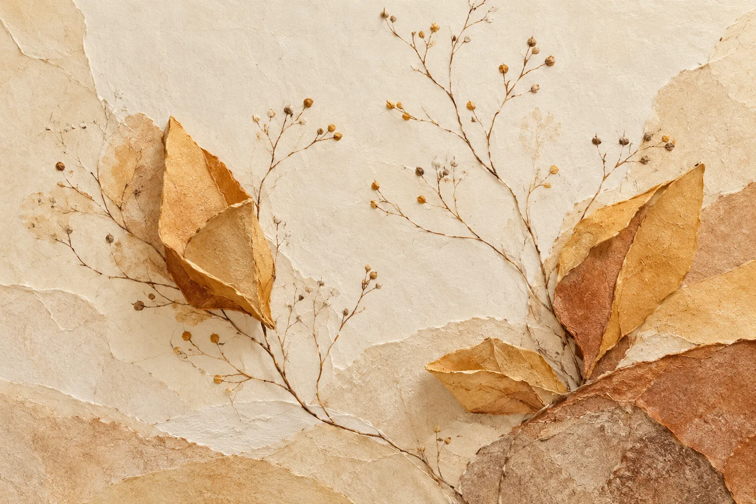 Ochre folded paper shapes and fine seed-bearing branches spread across textured ivory paper.