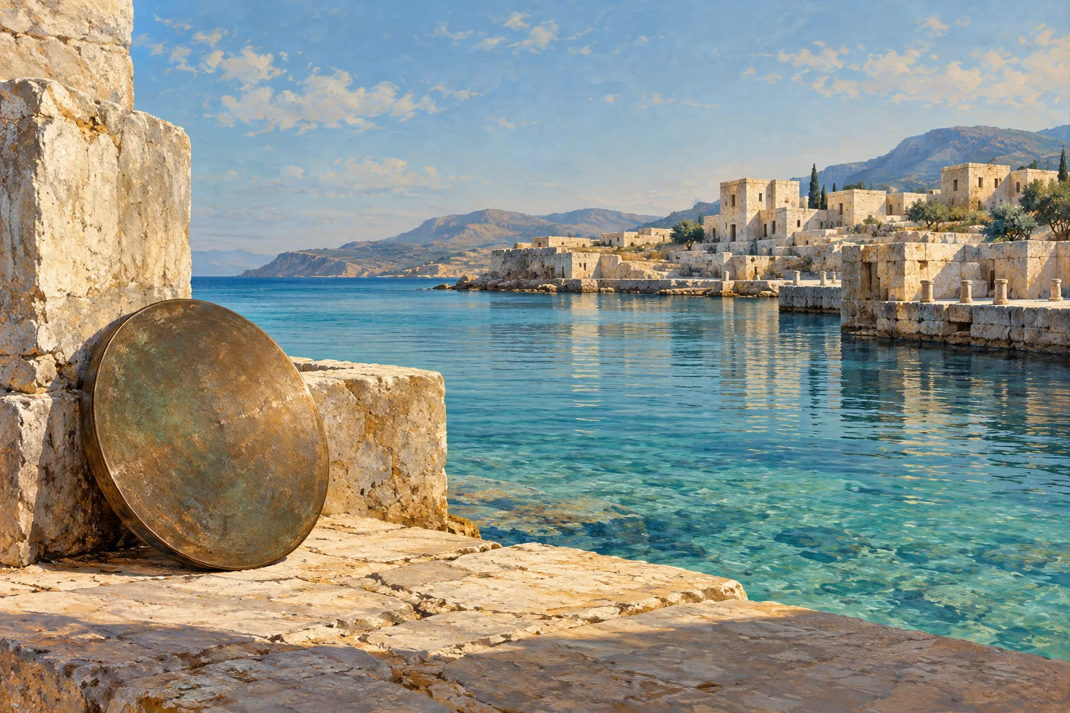 An imagined Bronze Age Mediterranean harbor of pale stone and turquoise sea, with a plain bronze disc in the foreground.
