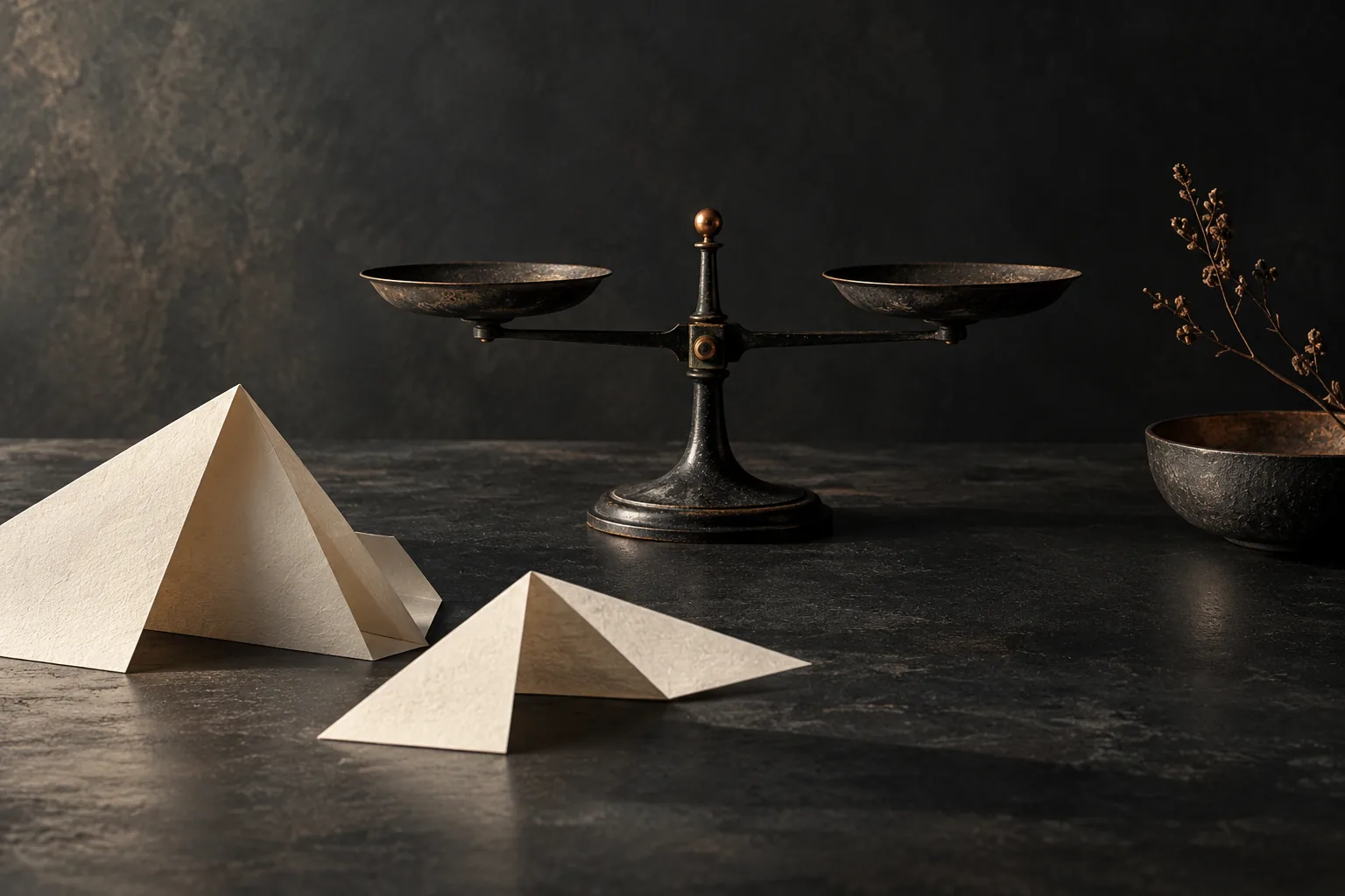 A quiet dark desk with a small unmarked balance and folded ivory paper, lit by a restrained copper glow.