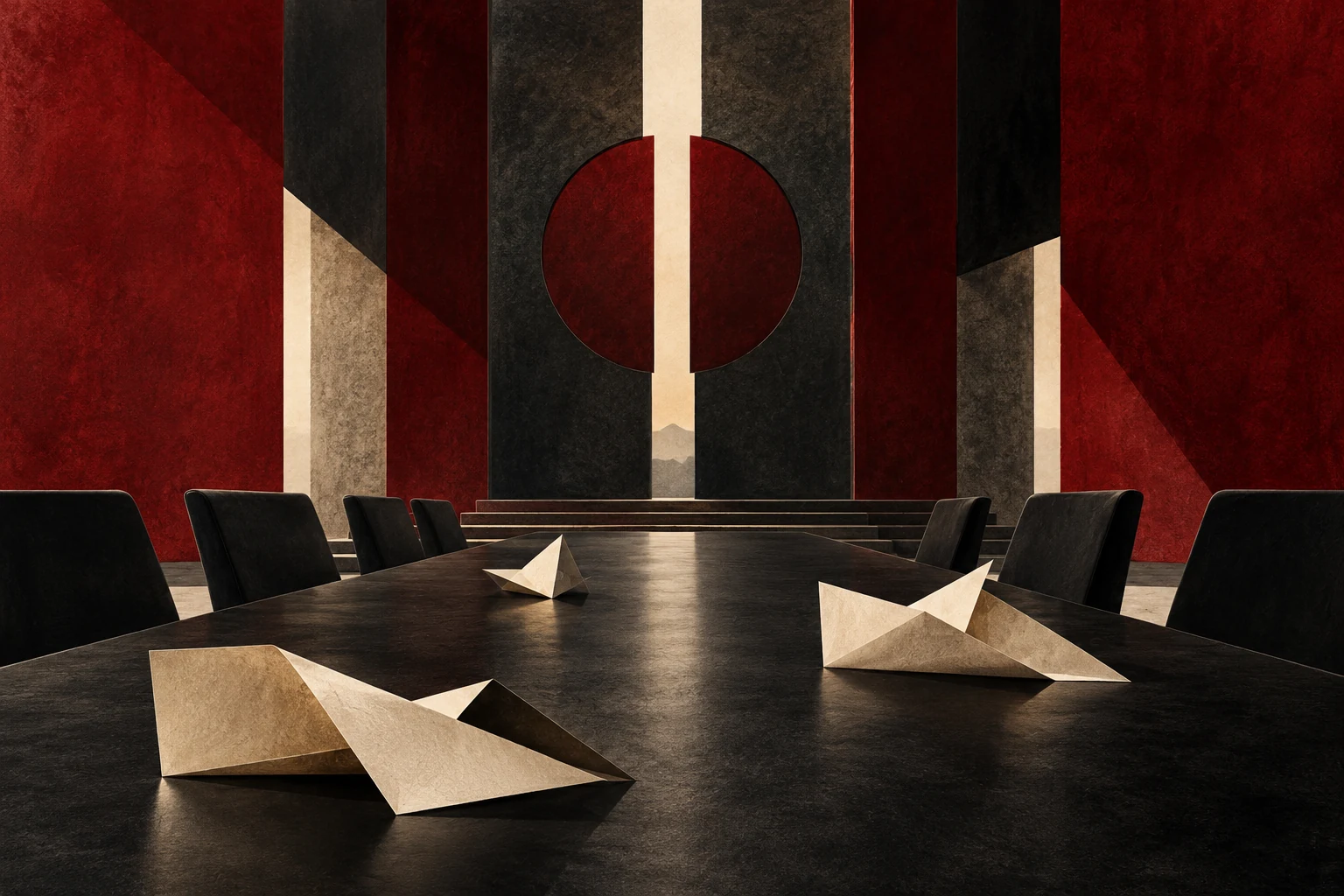 Oxblood and ivory boardroom still life with an austere black table, geometric paper shapes, and abstract gate-like forms.