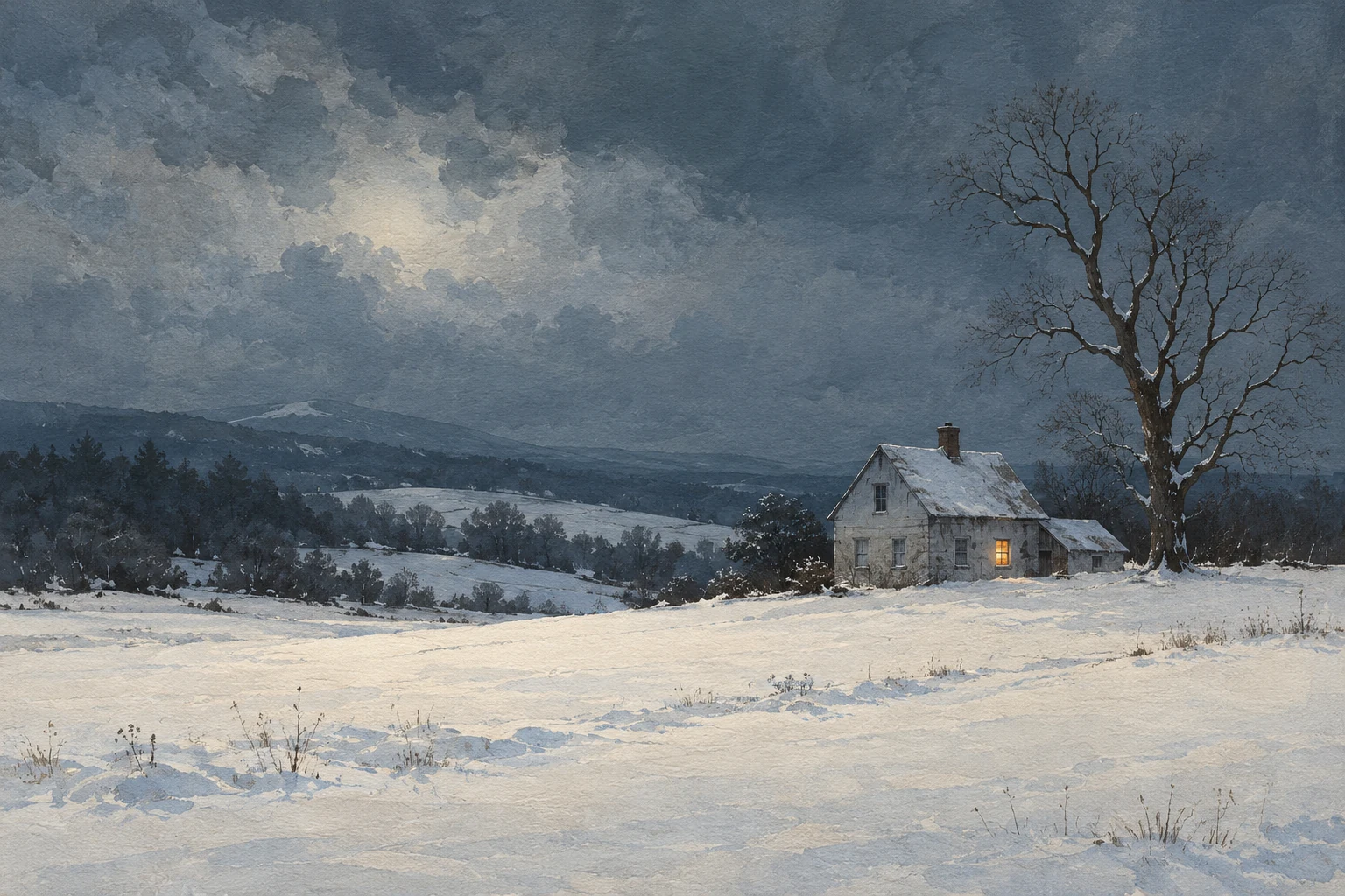 A painted slate-blue New England farmhouse in snow beside a stark bare tree, with one softly glowing window.