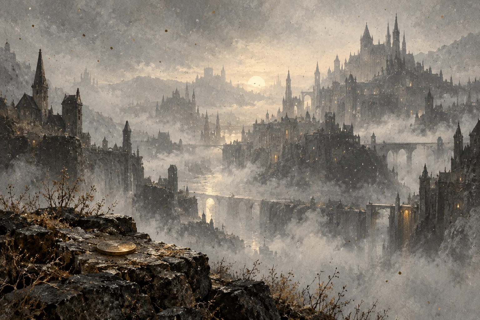 Silver and charcoal fantasy city silhouettes fading into ash and mist, with a small unmarked metal disc in the foreground.