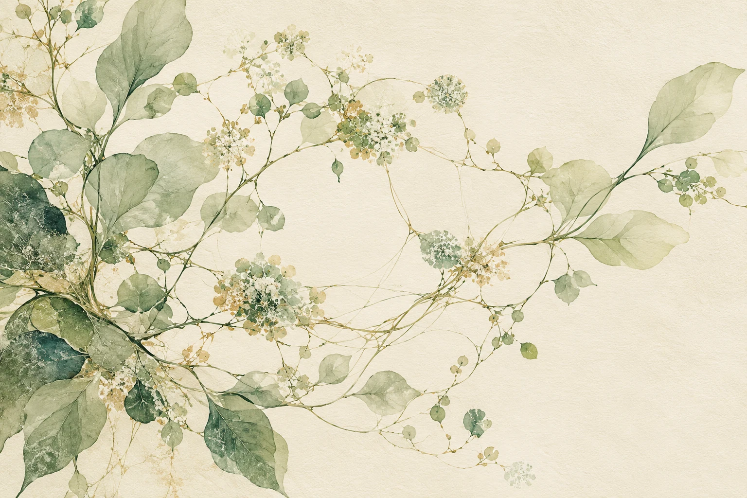 Pale green botanical ink forms linked by delicate branching connections across textured cream paper.