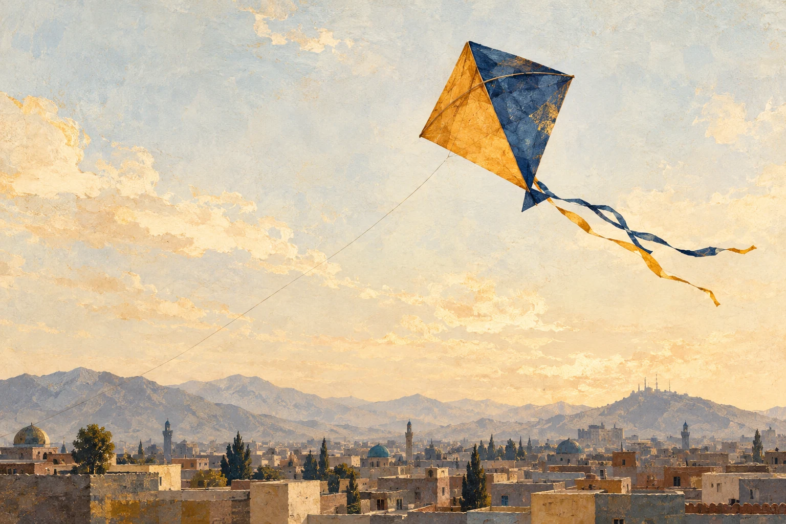An indigo and saffron paper kite drifting in a pale textured sky above distant imagined Kabul rooftops.