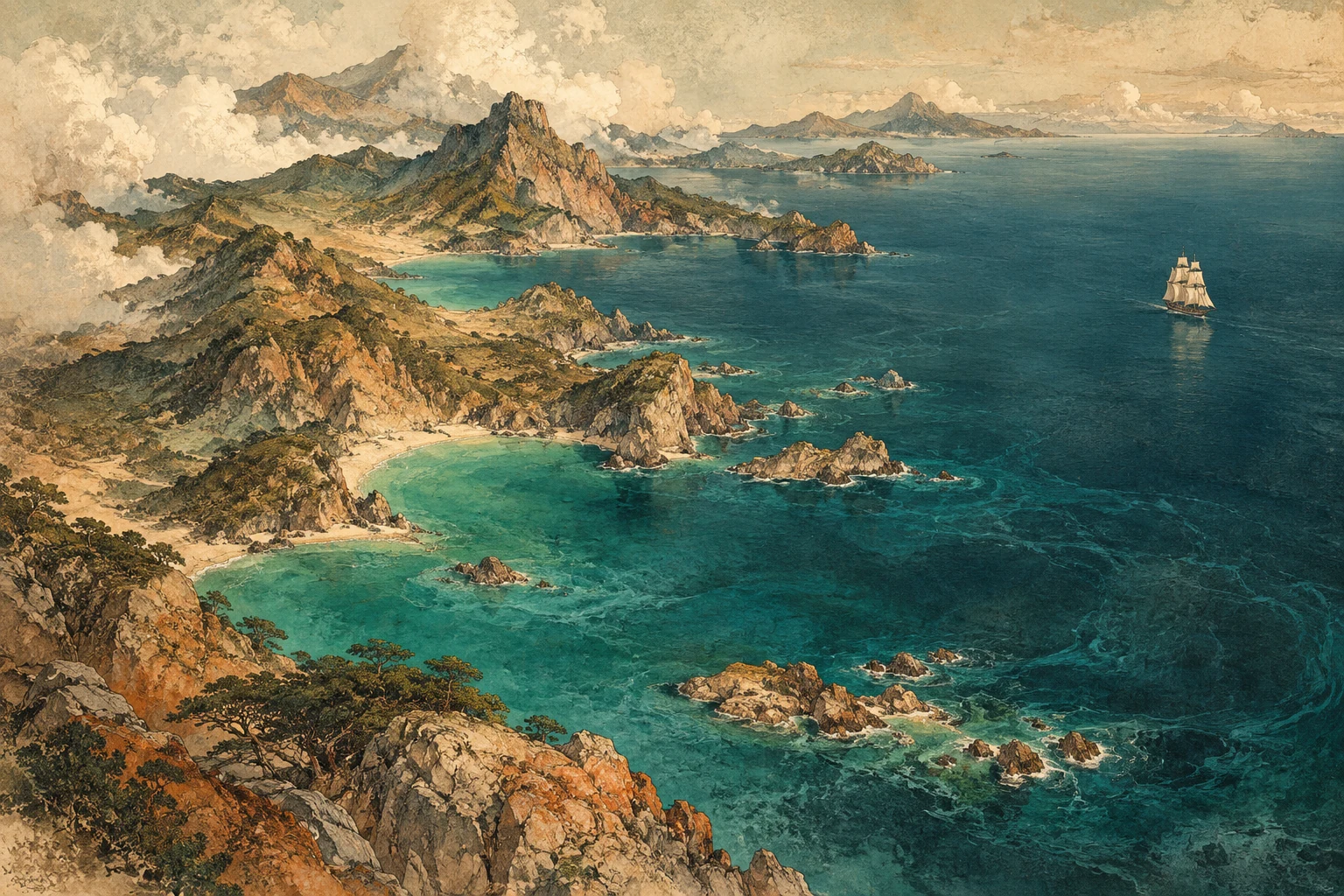 Copper and teal sea surrounding an imagined island coast, with a distant sailing ship and faint map-like contours.
