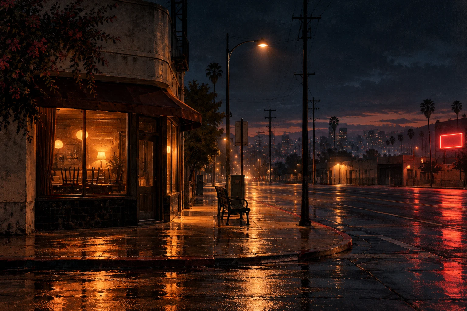 Fictional deserted Los Angeles street at night, with a closed cafe, an empty bus bench and warm light on wet pavement.