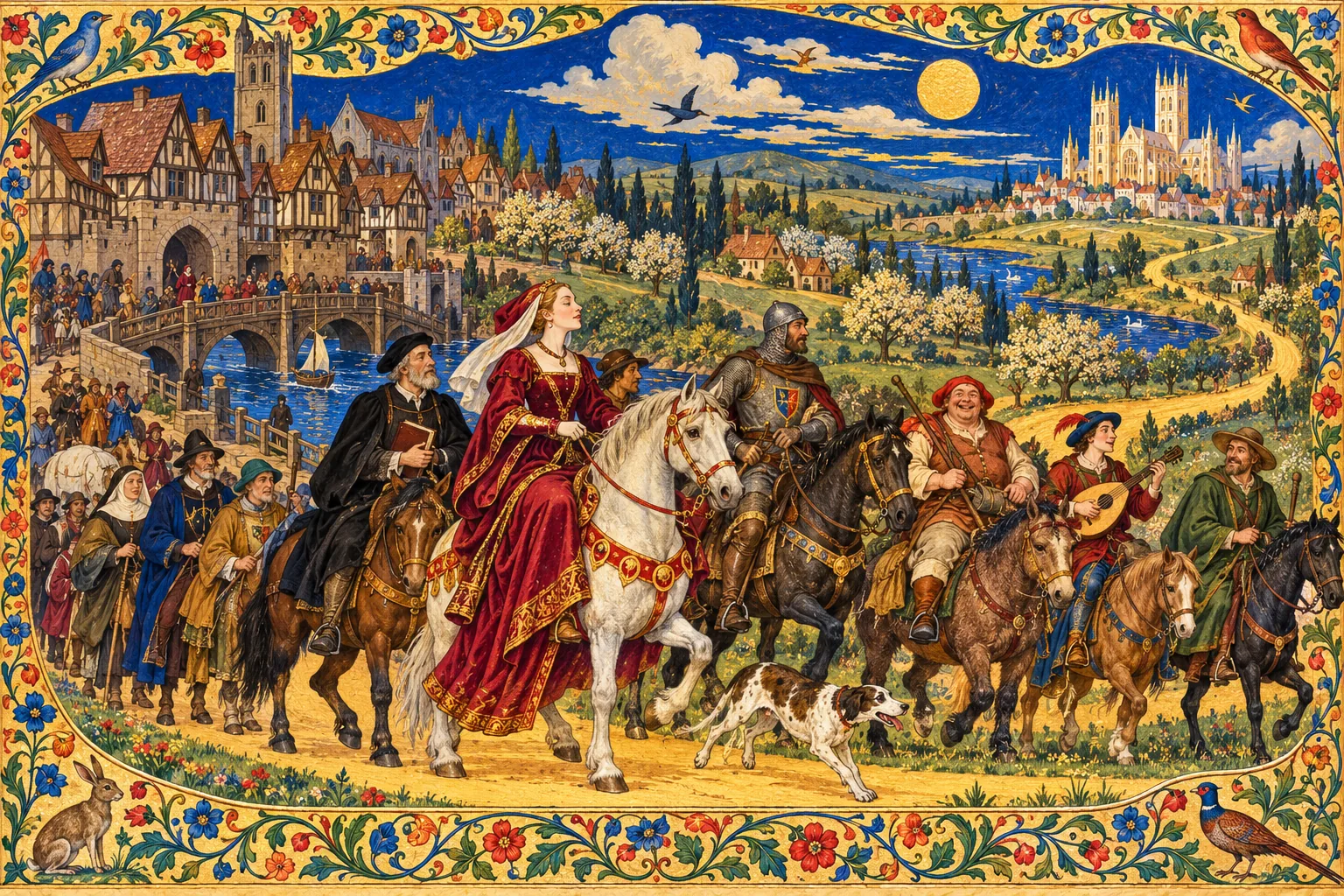 Original painted interpretation of a colorful company of medieval pilgrims setting off through a richly imagined landscape