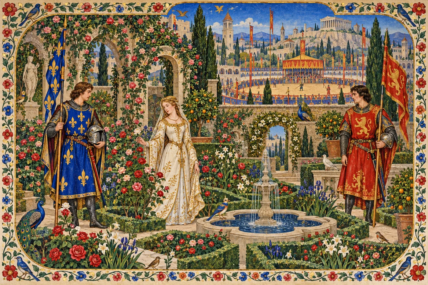 Imagined tournament garden in ancient Athens, with rival knights and a woman among patterned trees and banners