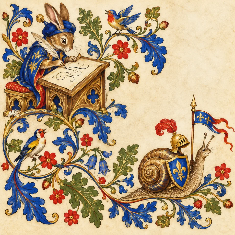 Original playful manuscript-style marginalia: a rabbit scribe, a snail knight, birds, and curling painted vines