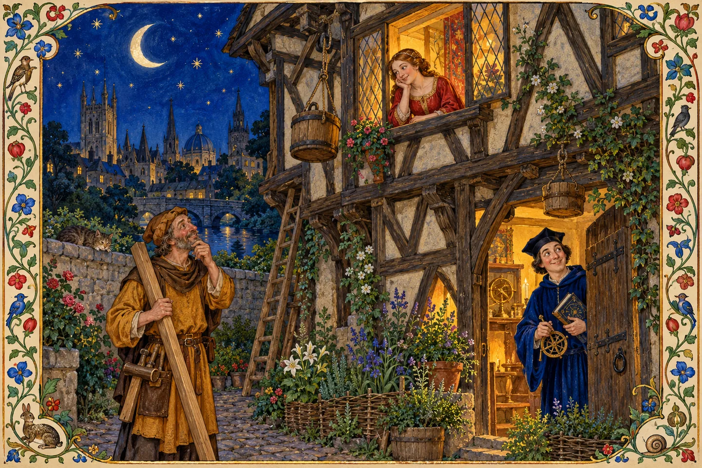 Imagined moonlit timber house with a carpenter, student and candlelit window in the Miller’s Oxford comedy