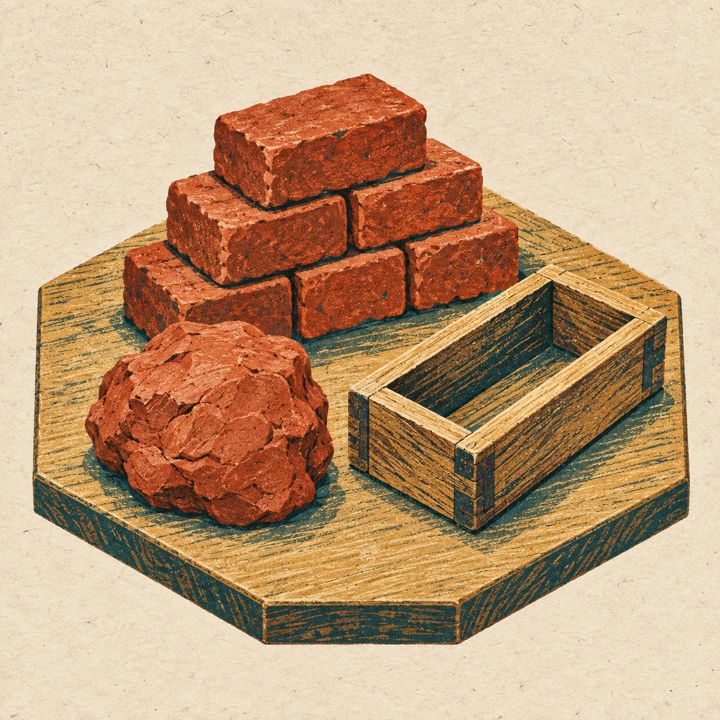 Woodblock still life for brick on a carved hex tile.