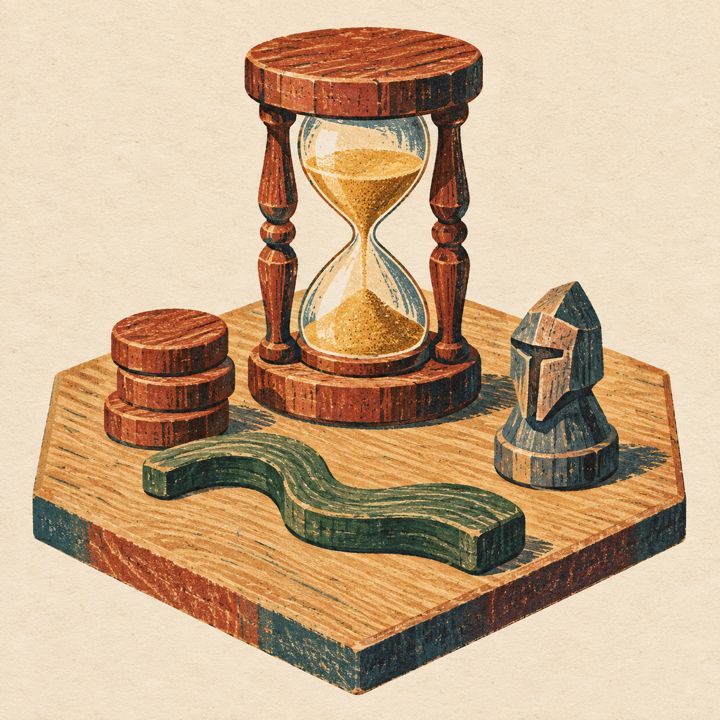 Woodblock print: a carved hourglass, a stack of wooden victory tokens, a road piece and a knight token on a hex tile.