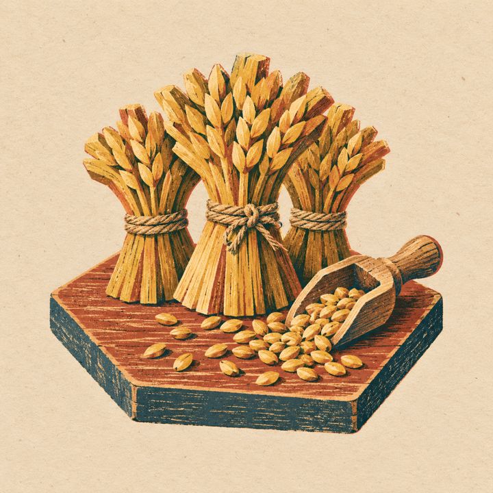 Woodblock still life for grain on a carved hex tile.