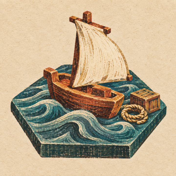 A tiny carved wooden sailing ship on a teal hex of carved waves.