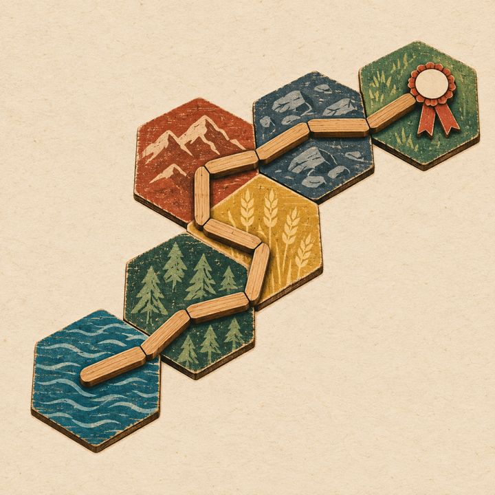 A winding chain of wooden road pieces crossing six hex tiles to a ribbon rosette.