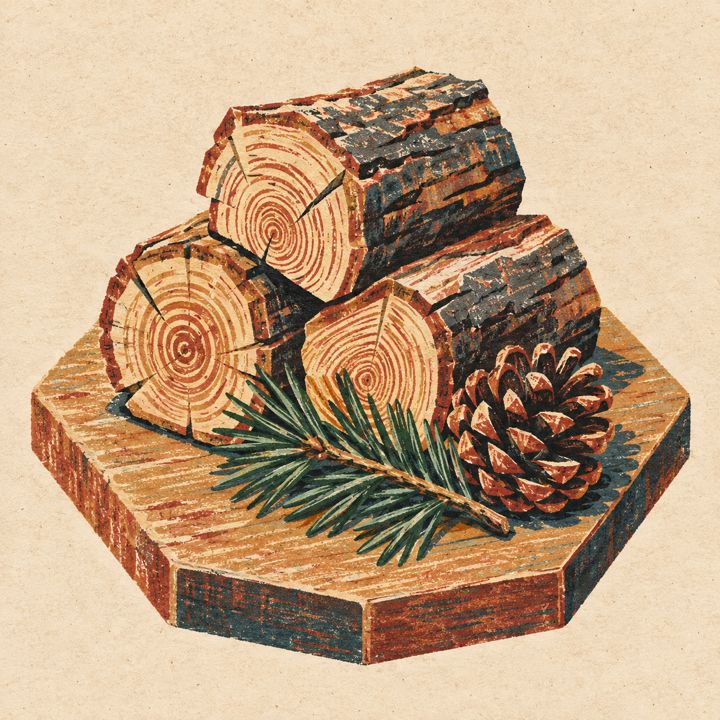 Woodblock still life for lumber on a carved hex tile.