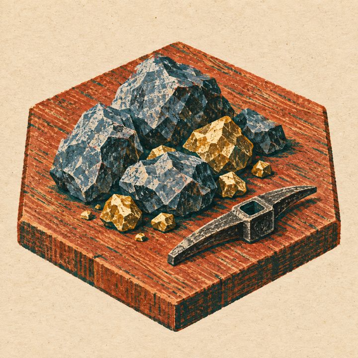 Woodblock still life for ore on a carved hex tile.