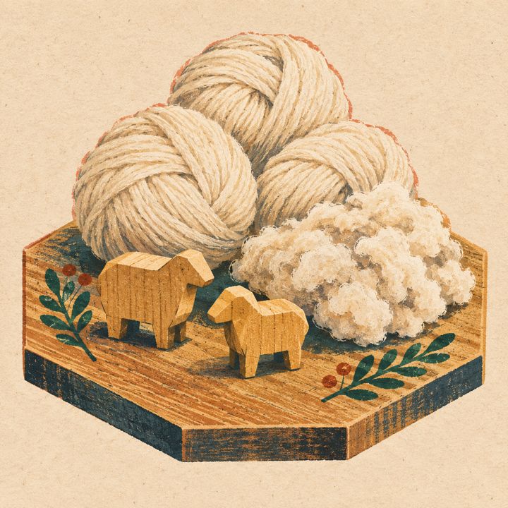 Woodblock still life for wool on a carved hex tile.