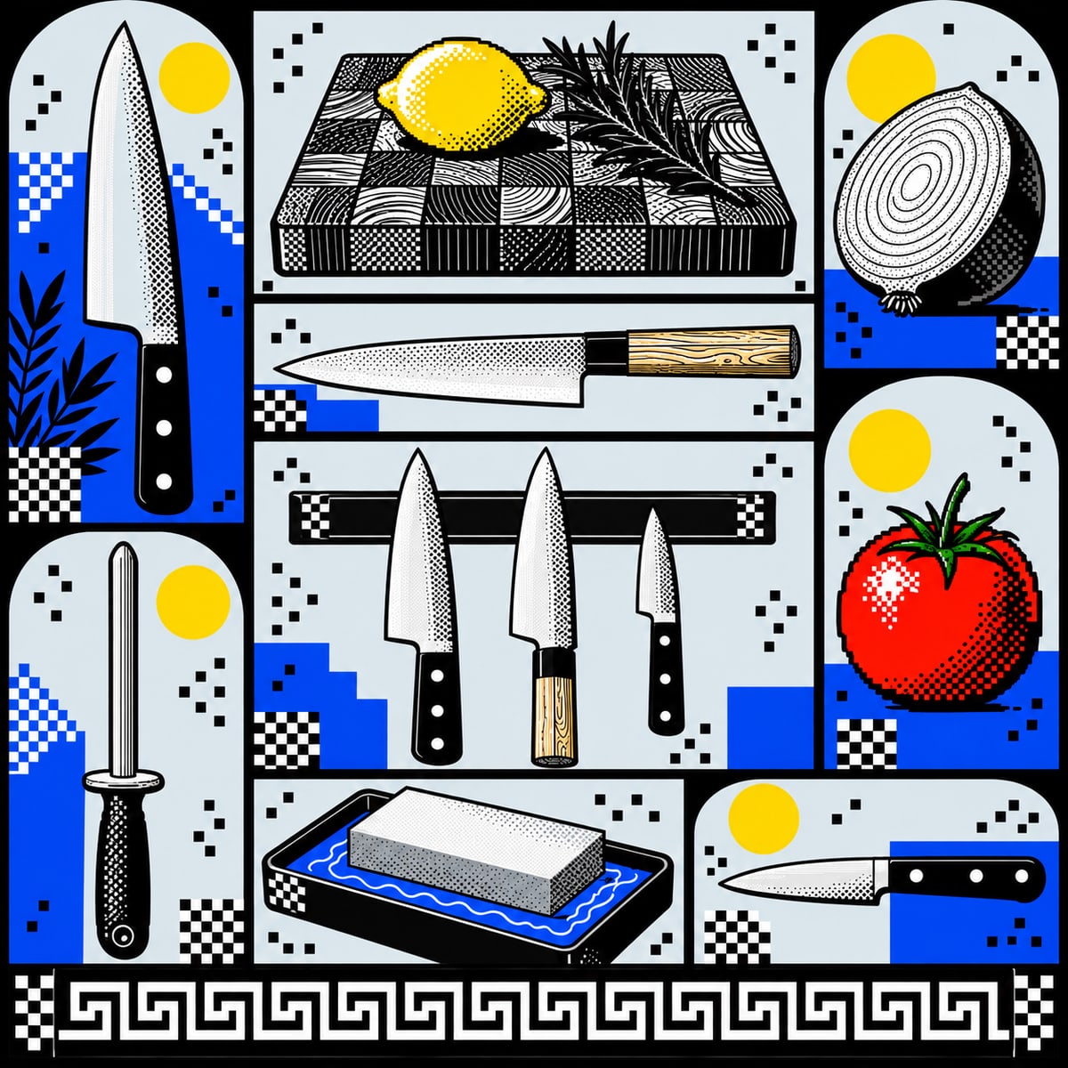 Illustrated knife roll: chef knife, gyuto, honing rod, whetstone, board with lemon