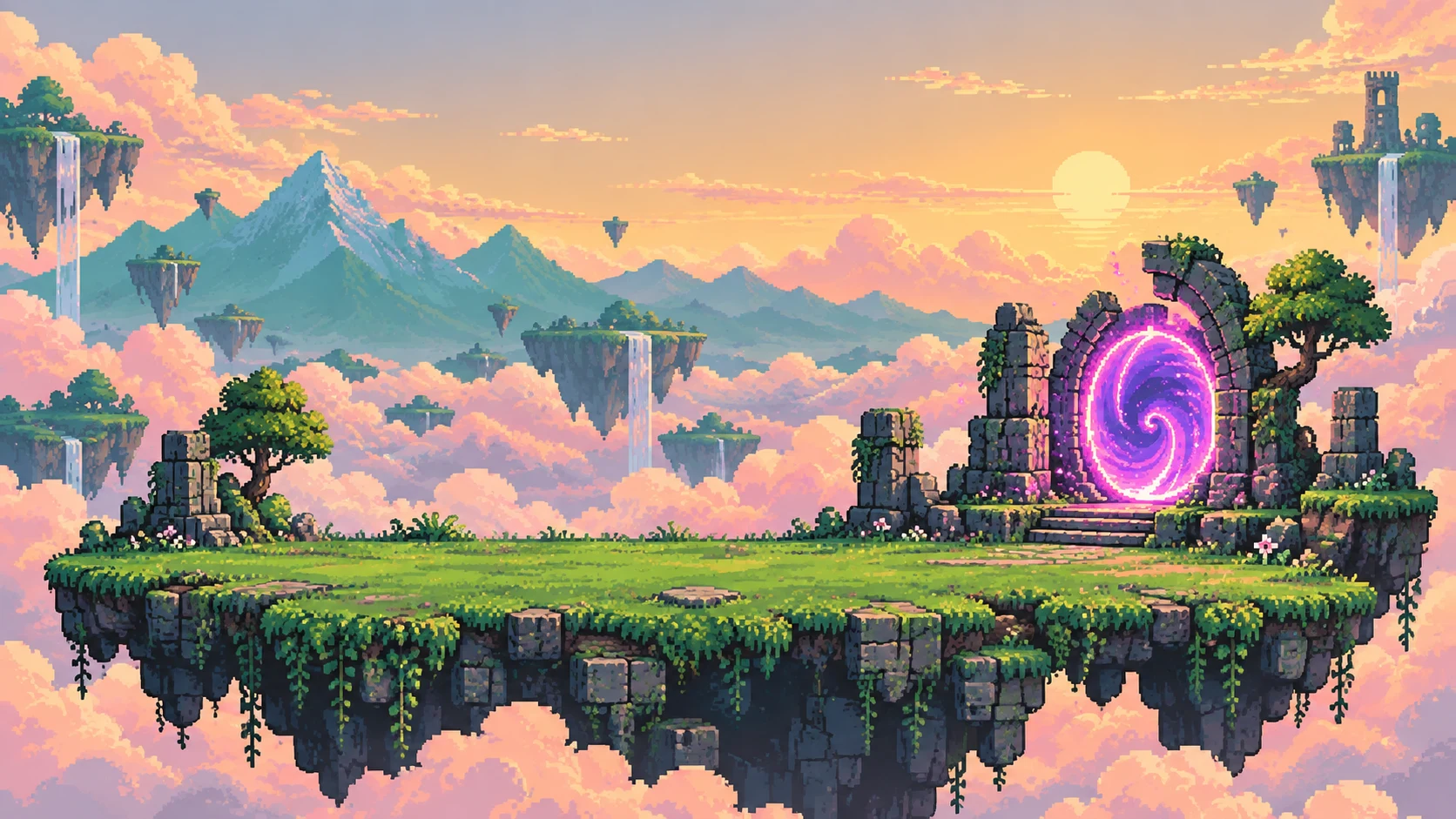 The original floating Rift Garden, with a glowing portal and distant islands.