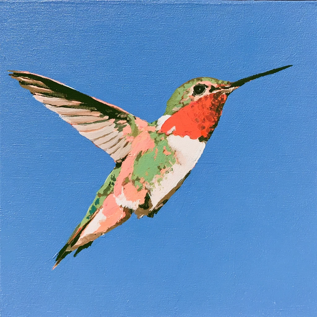 A green, pink and cream hummingbird with a bright red throat flies against a blue painted sky.