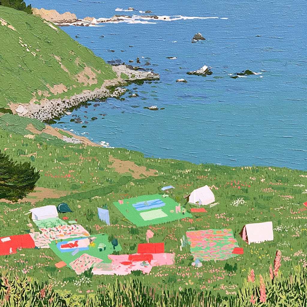 Small tents and colorful blankets sit on a wildflower-covered hillside above a rocky blue bay.