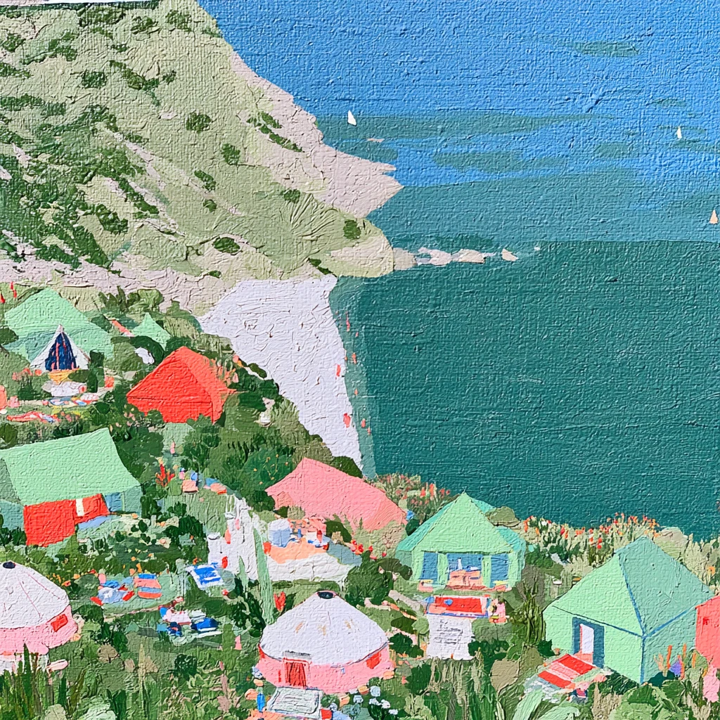 Mint-green, pink and red tents gather along a steep coastal slope overlooking the turquoise sea.