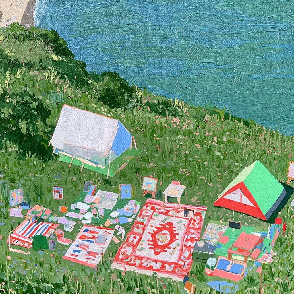 Two tents, bright patterned rugs and picnic supplies nestle in green coastal grasses above the water.