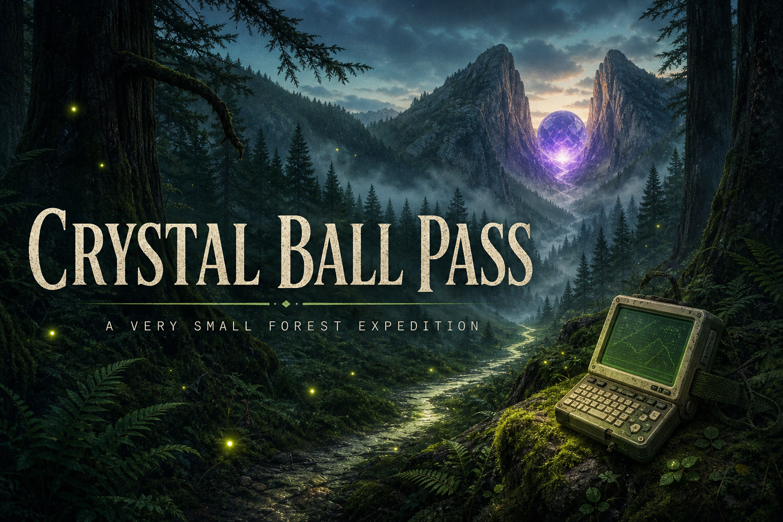 A luminous violet crystal orb waits in a misty mountain pass above a mossy Pacific Northwest trail and small field computer
