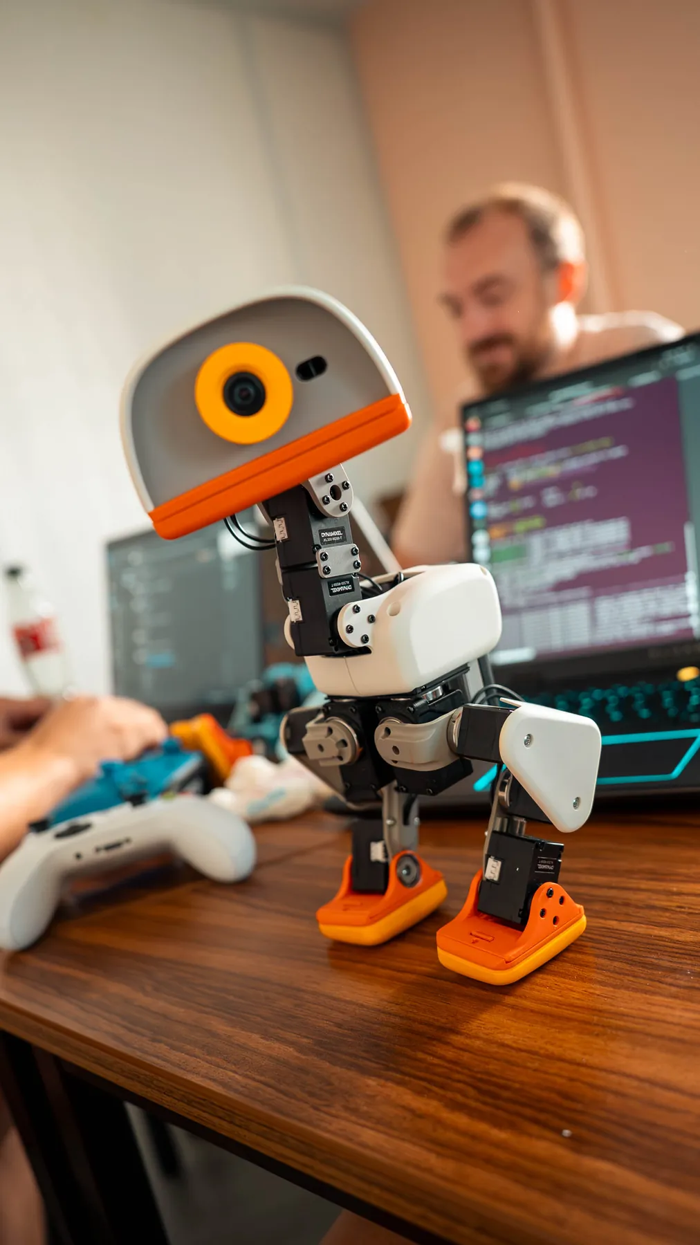 Microduck standing in front of a laptop in teal light