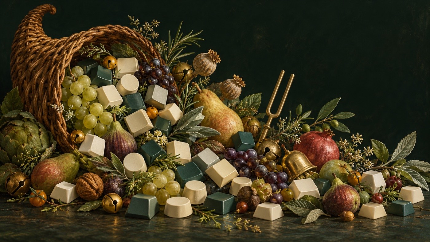 A woven harvest basket spilling keycaps, fruit, seed pods, small bells, a tuning fork and sprigs of herbs.