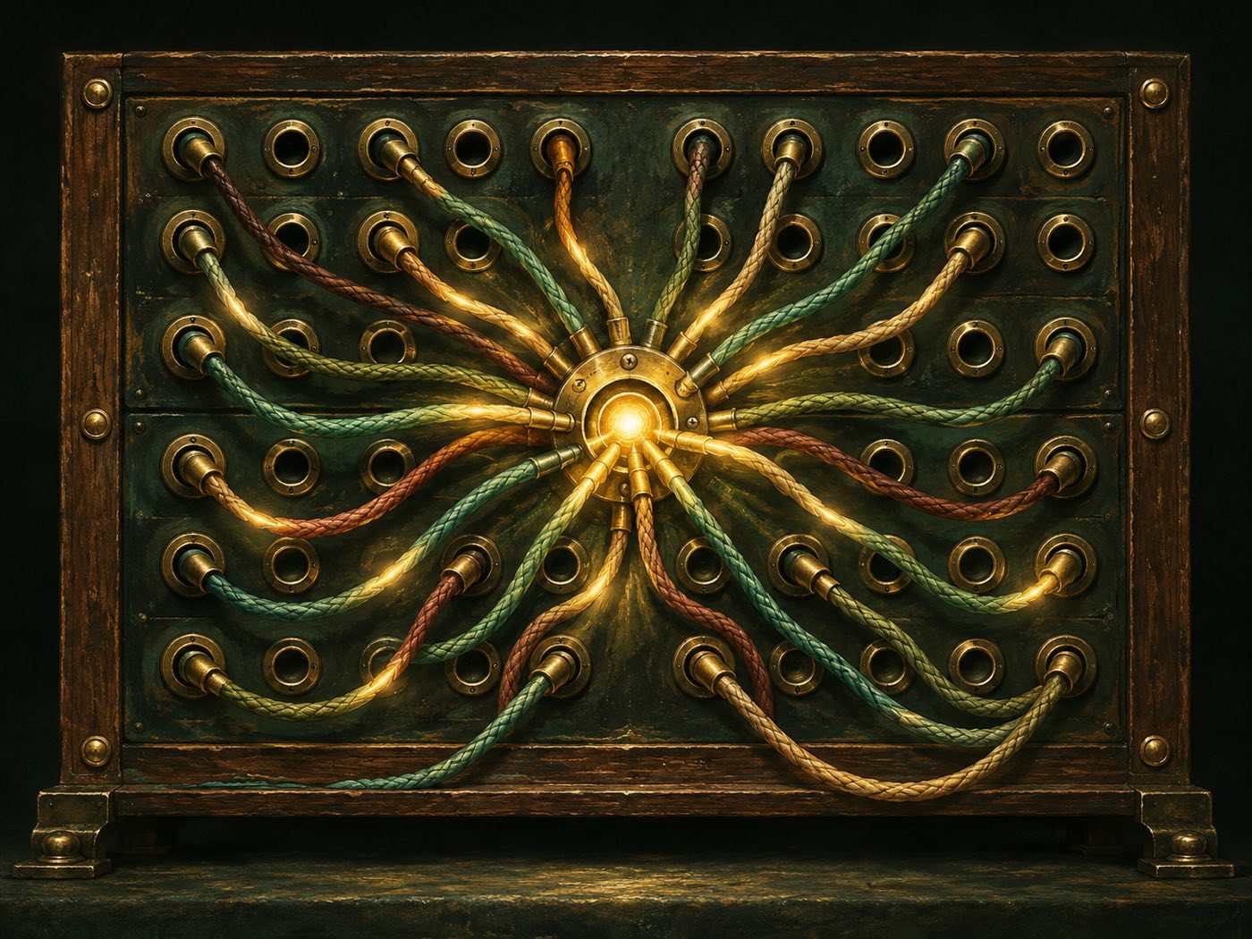 A vintage switchboard with many colored patch cables running from round sockets into one glowing brass socket in the middle.