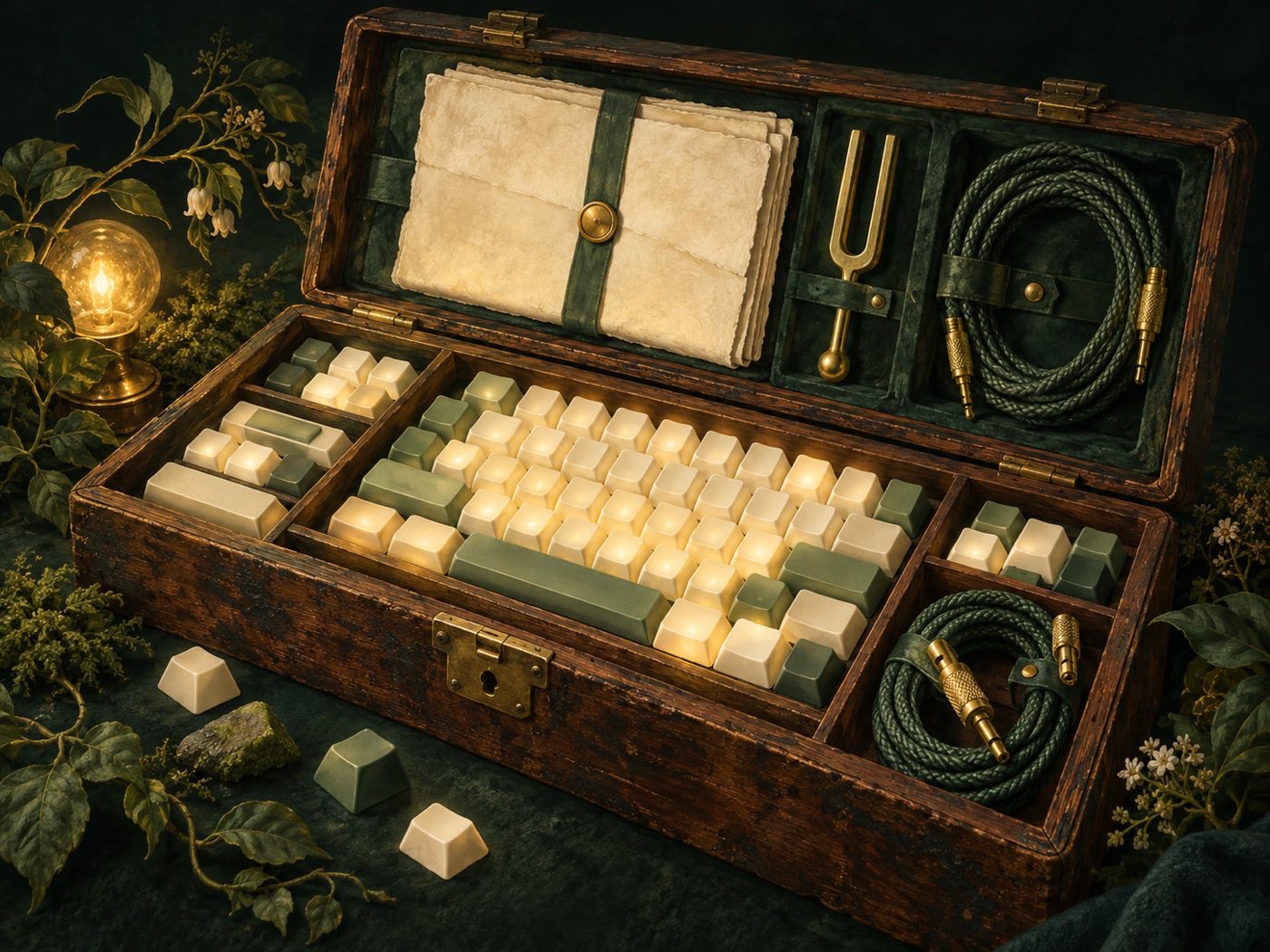 An open wooden toolbox holding glowing keycaps, a brass tuning fork, coiled patch cables and folded blank paper.