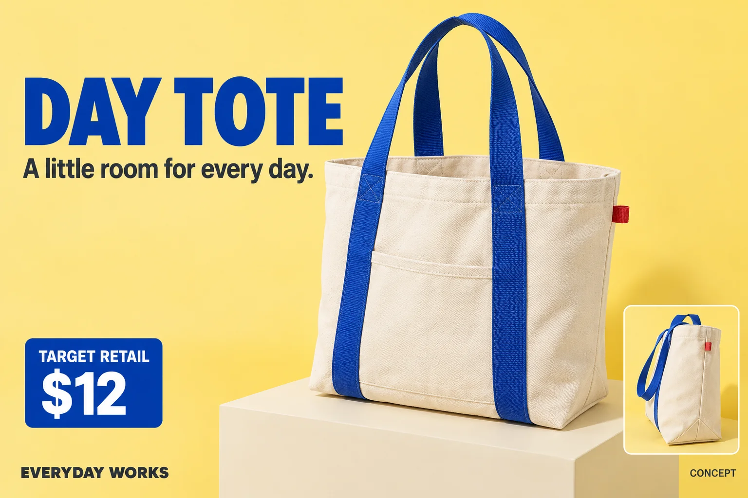 Cream canvas Day Tote with long cobalt handles, an outer pocket and a tomato tab; $12 target retail