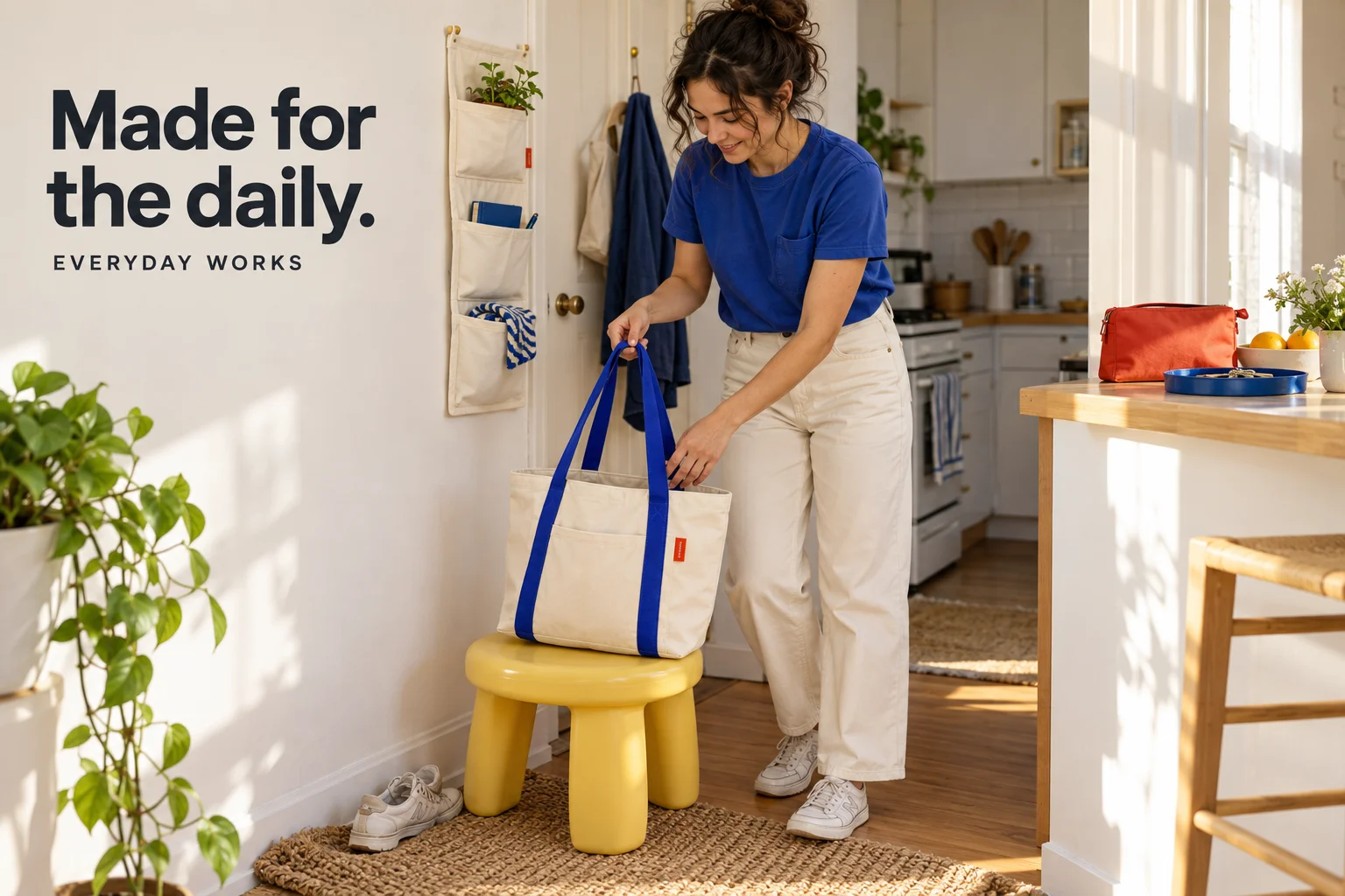 An adult in a cobalt tee and cream trousers picks up the canvas day tote in a sunny apartment entry