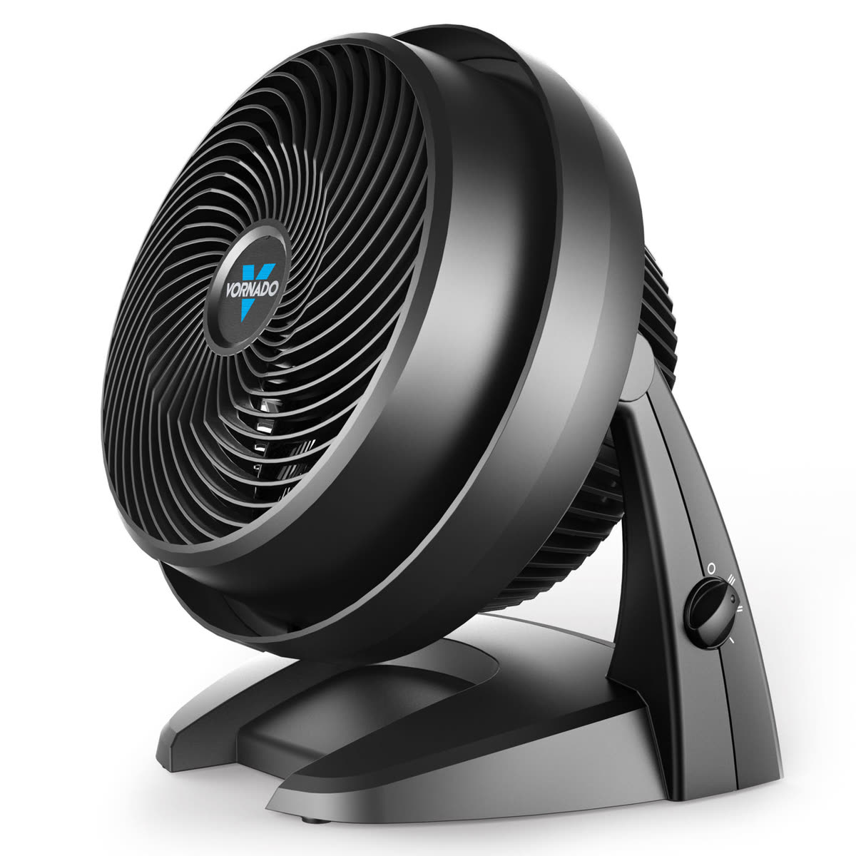 Black Vornado 630 medium air circulator on a white ground