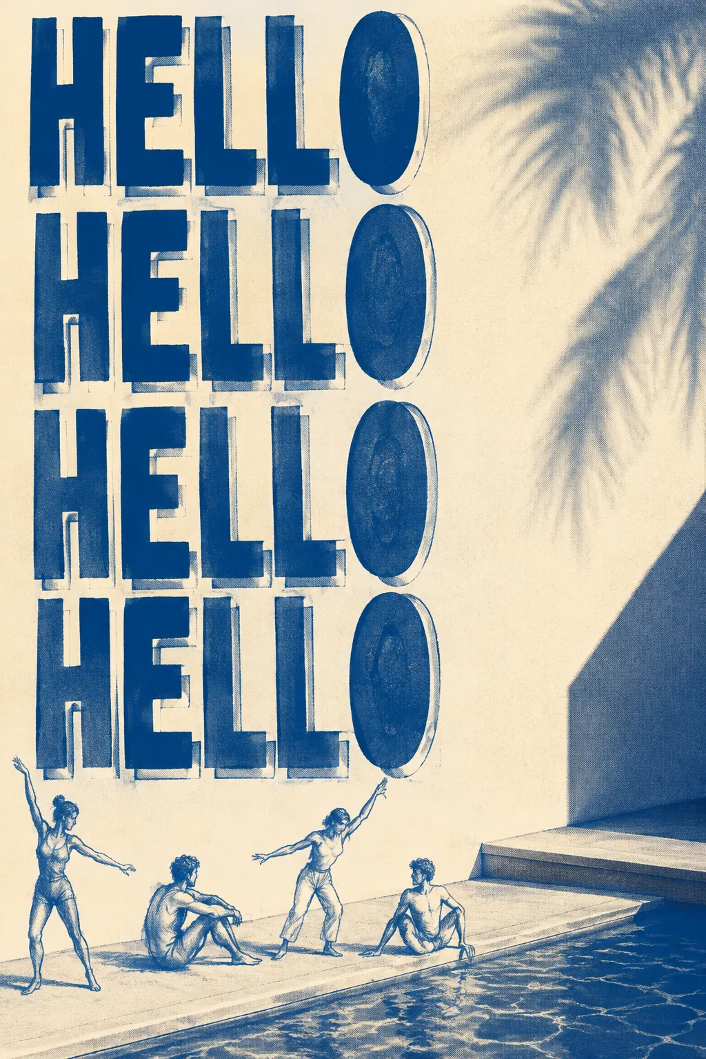 A monochrome screen-print poster: HELLO stacked four times in deep ink blue on cream paper with registration drift, four figures resting and stretching at the edge of a pool below, a palm-frond shadow across the sunlit wall.