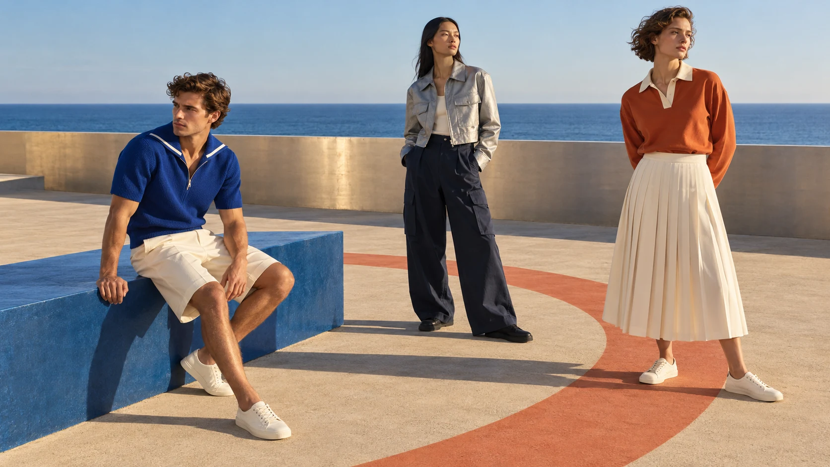 Original AI-generated campaign concept: three fictional adults in cobalt, silver and terracotta sportswear in an imaginary coastal courtyard, with a blue bench and painted court arc.