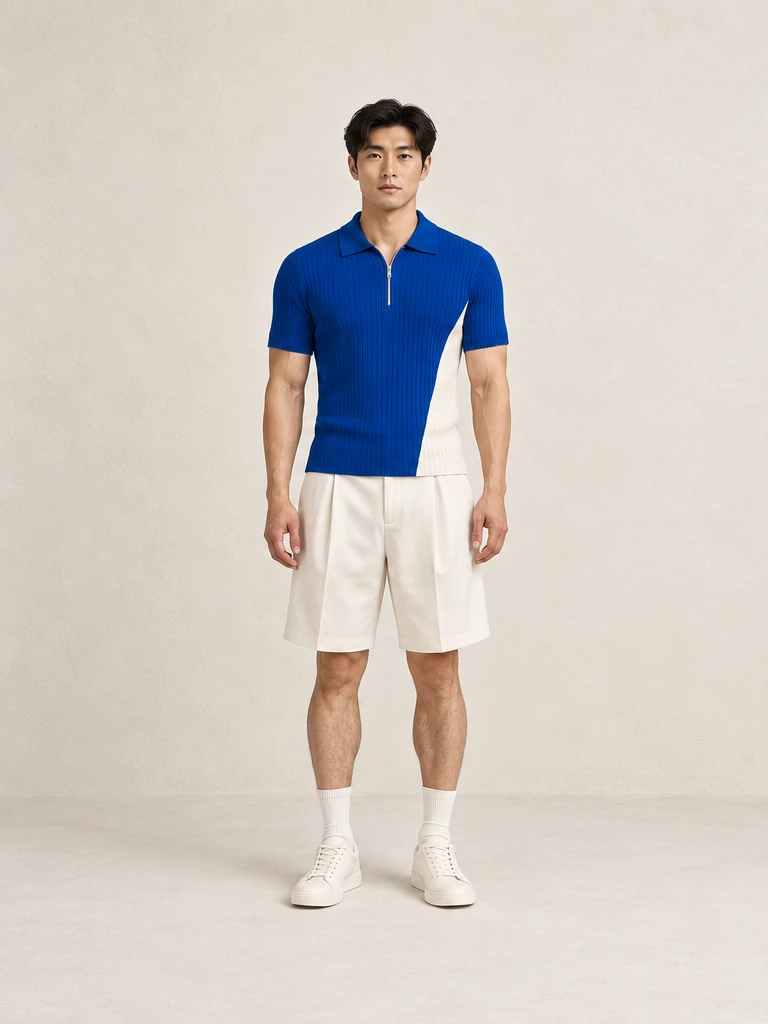 Original AI-generated independent concept, look 01: Cobalt rib zip polo, ivory pleated court shorts and ivory low-top trainers., front view.