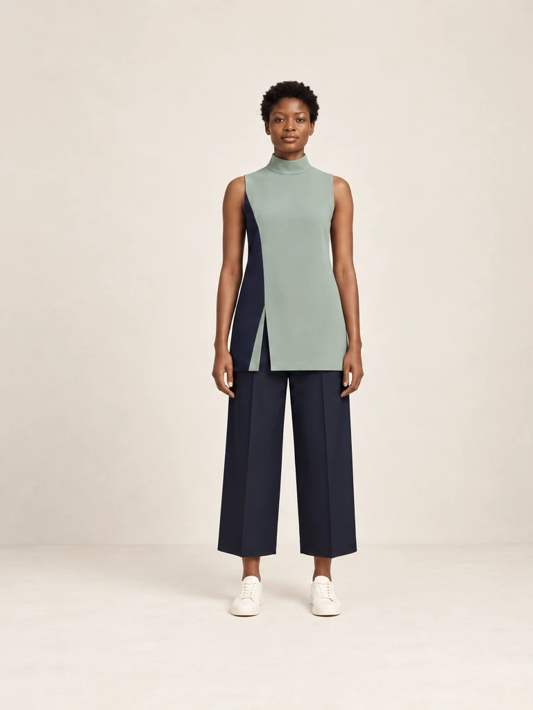 Original AI-generated independent concept, look 02: Sea-glass high-neck split-hem tunic, cropped navy wide trousers and ivory trainers., front view.