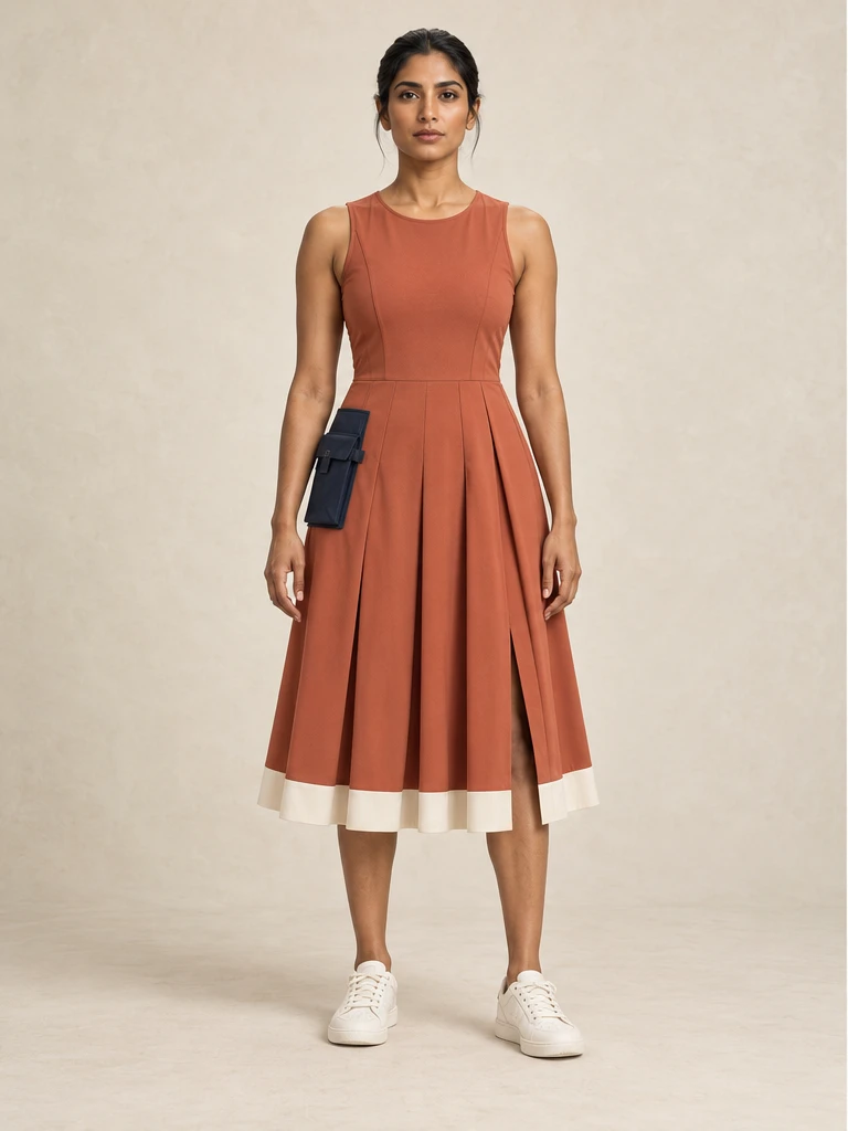 Original AI-generated independent concept, look 09: Terracotta sleeveless pleated dress with navy side pocket, ivory hem band and ivory trainers., front view.