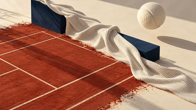 Original interpretive artwork of clay court geometry and a cream knit sculpture