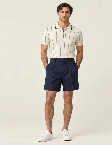 AI-generated independent concept, look 01: Pinstripe zip polo · pleated short, front view.