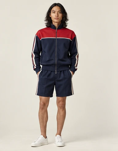 AI-generated independent concept, look 03: Yoke track jacket · matching sport short, front view.