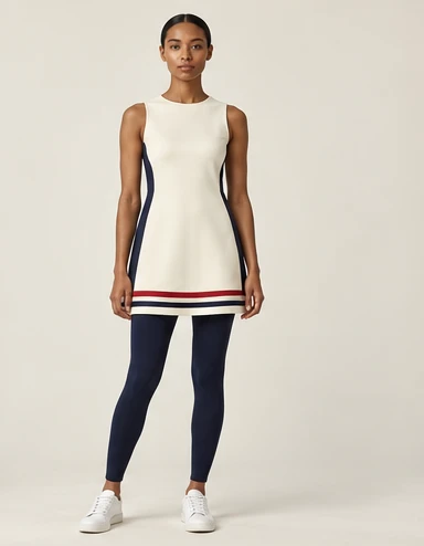 AI-generated independent concept, look 04: Border-hem tennis tunic · navy legging, front view.