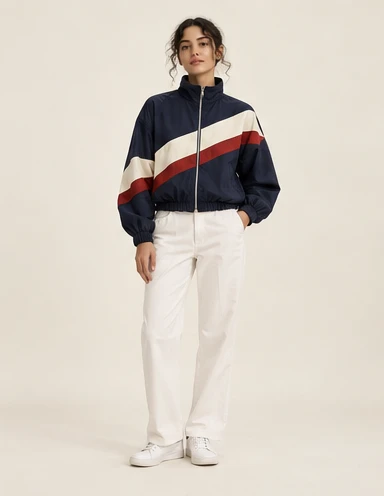AI-generated independent concept, look 06: Diagonal windbreaker · straight ivory trouser, front view.