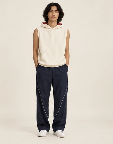 AI-generated independent concept, look 07: Sleeveless cream hoodie · curved-seam track trouser, front view.